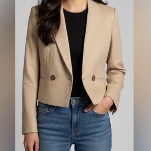 Jason Wu Linen Blend Double Breasted Cropped Blazer Tan Sz S